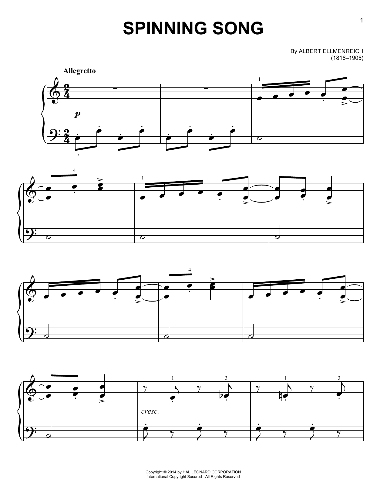 Albert Ellemreich Spinning Song sheet music notes and chords. Download Printable PDF.