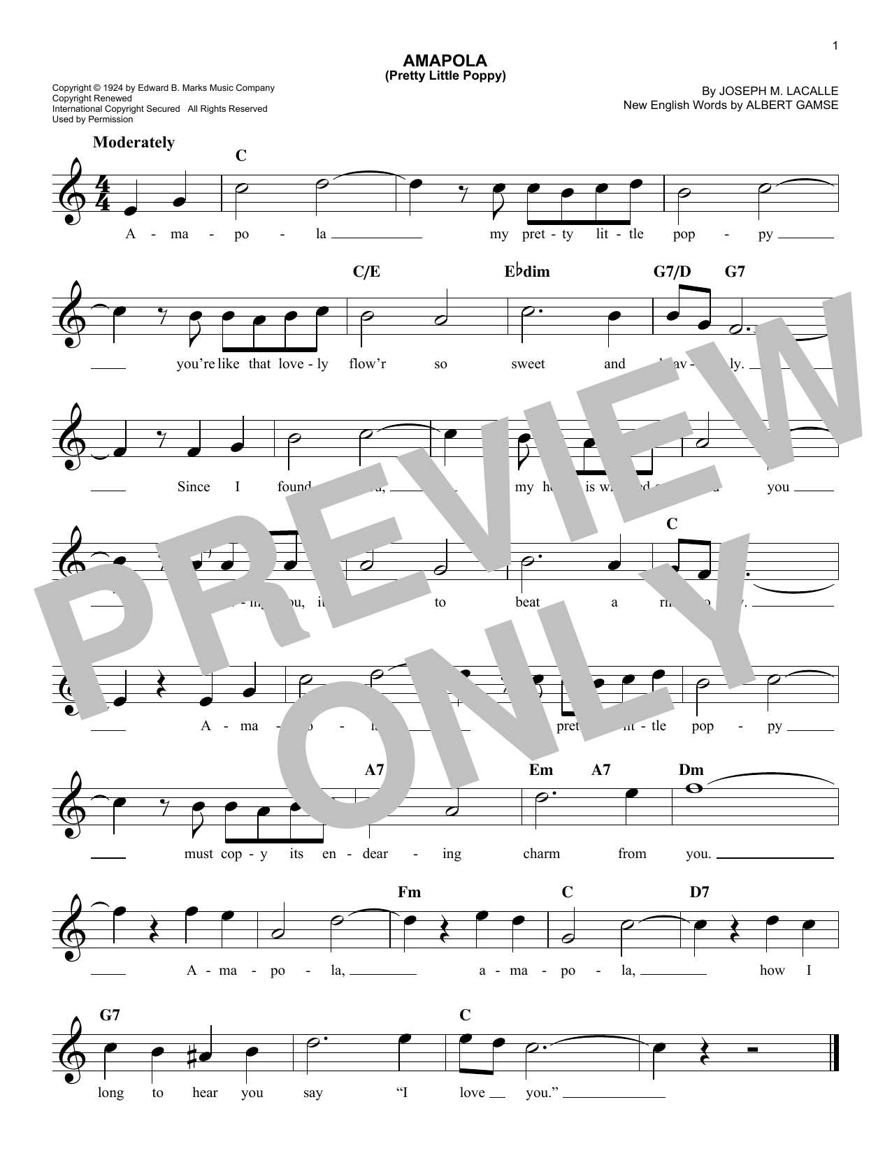 Albert Gamse Amapola (Pretty Little Poppy) sheet music notes and chords arranged for Easy Lead Sheet / Fake Book