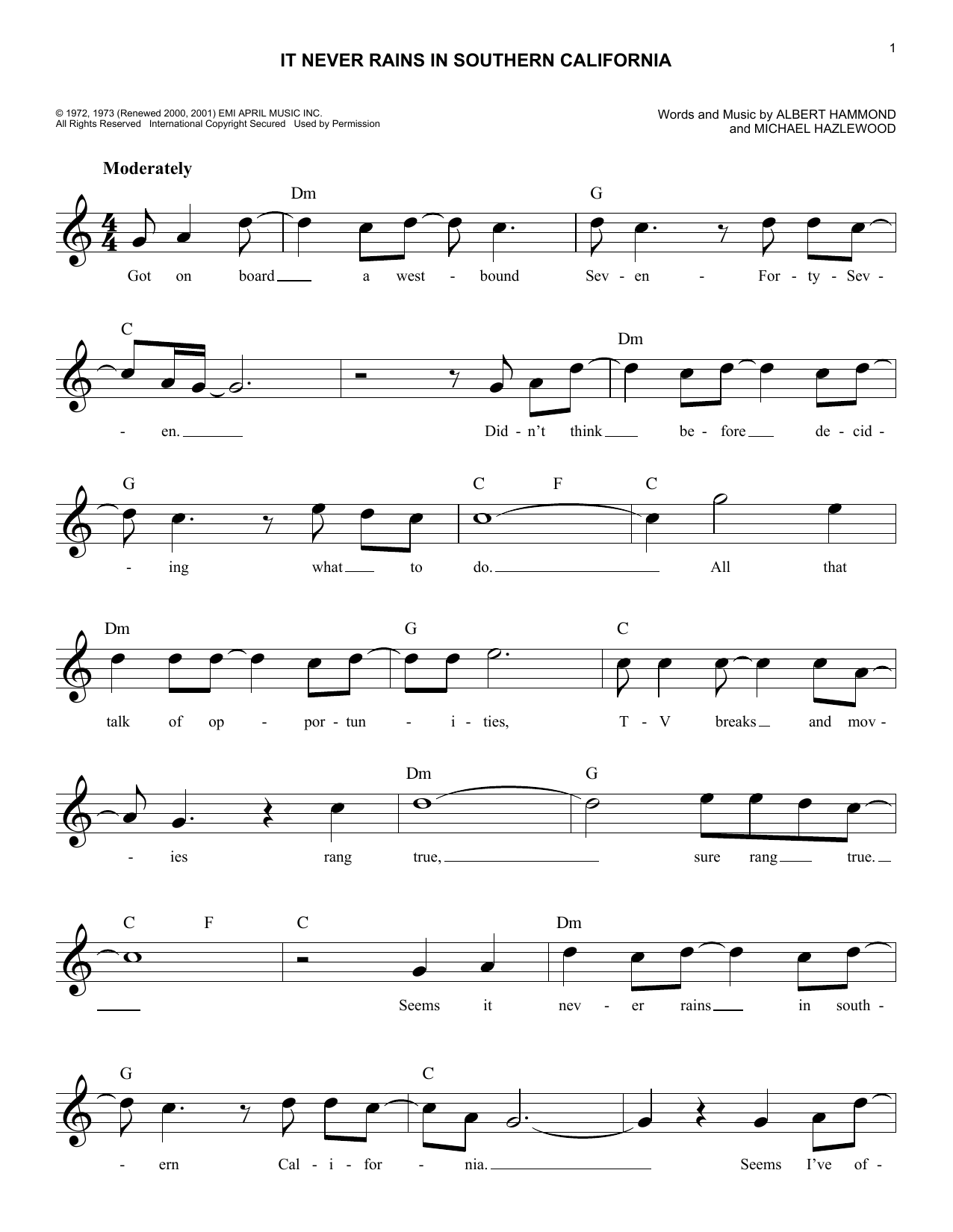 Albert Hammond It Never Rains In Southern California sheet music notes and chords. Download Printable PDF.