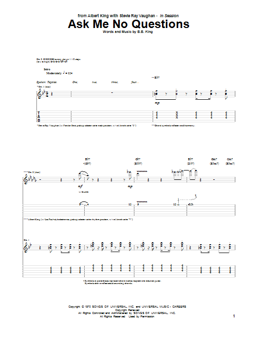 Learn to play Albert King & Stevie Ray Vaughan Ask Me No Questions sheet music for Guitar Tab in minutes. Price: 7.8900$ Albert King & Stevie Ray Vaughan Ask Me No Questions sheet music notes and chords arranged for Guitar Tab