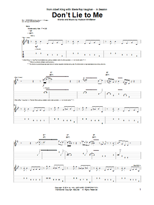 Albert King & Stevie Ray Vaughan Don't Lie To Me sheet music notes and chords. Download Printable PDF.