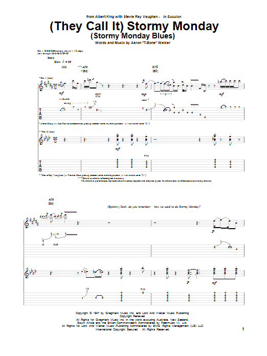 Learn to play Albert King & Stevie Ray Vaughan (They Call It) Stormy Monday (Stormy Monday Blues) sheet music for Guitar Tab in minutes. Price: 7.8900$ Albert King & Stevie Ray Vaughan (They Call It) Stormy Monday (Stormy Monday Blues) sheet music notes and chords arranged for Guitar Tab