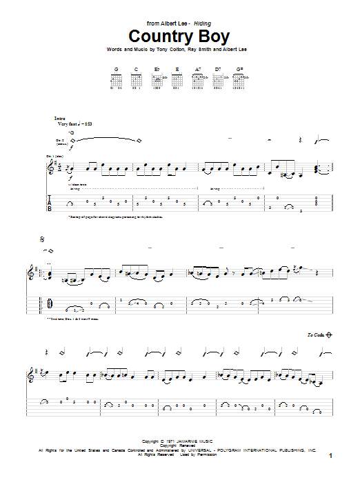 Albert Lee Country Boy sheet music notes and chords. Download Printable PDF.