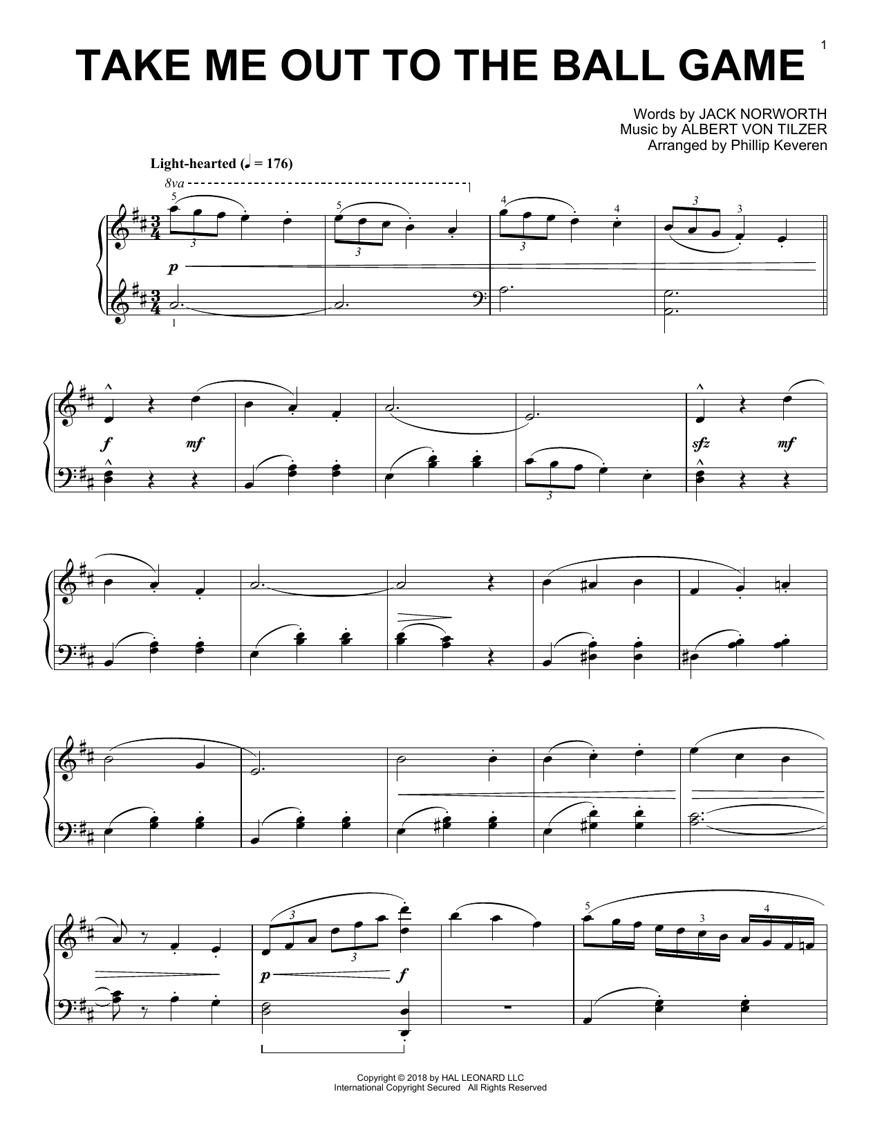 Albert von Tilzer Take Me Out To The Ball Game [Jazz version] (arr. Phillip Keveren) sheet music notes and chords. Download Printable PDF.