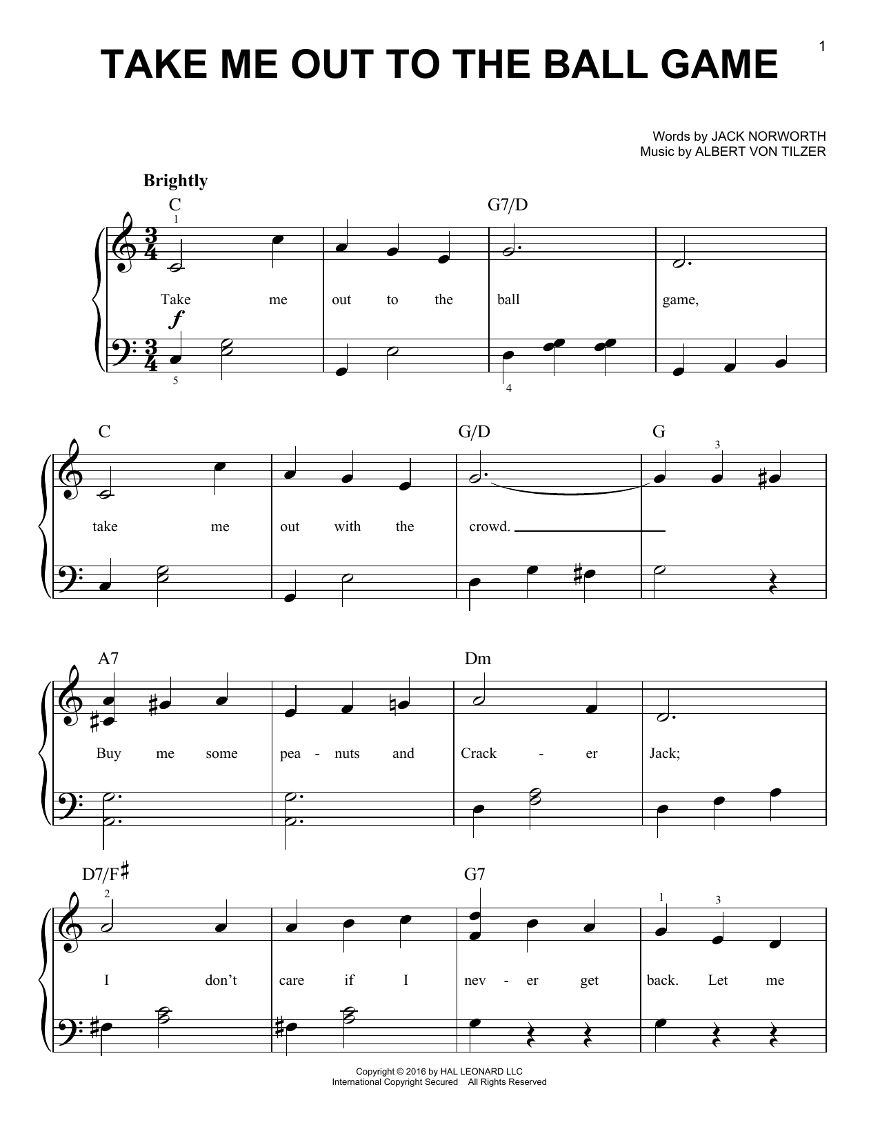 Albert von Tilzer Take Me Out To The Ball Game sheet music notes and chords. Download Printable PDF.