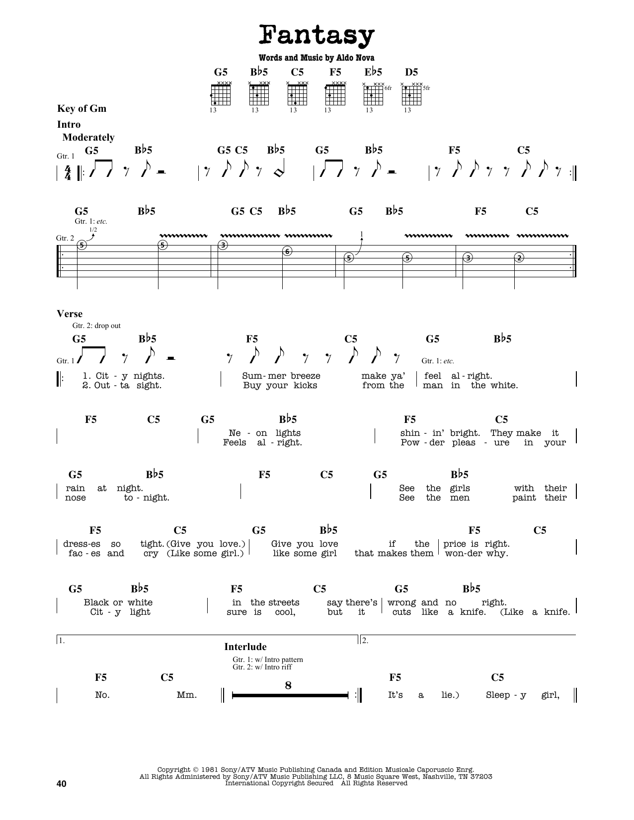 Aldo Nova Fantasy sheet music notes and chords. Download Printable PDF.