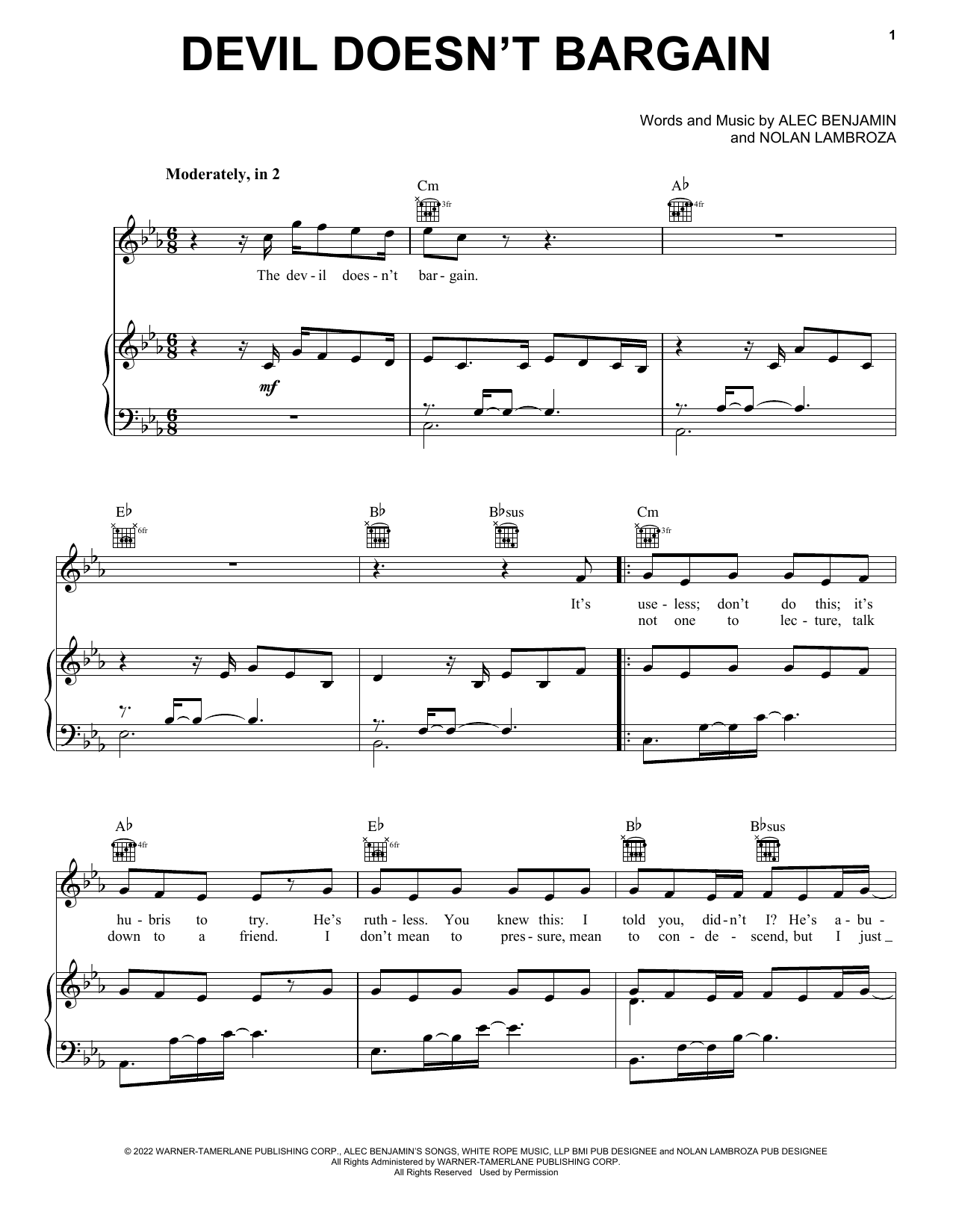 Alec Benjamin Devil Doesn't Bargain sheet music notes and chords. Download Printable PDF.