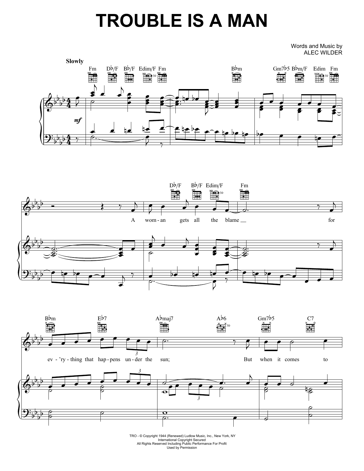 Alec Wilder Trouble Is A Man sheet music notes and chords. Download Printable PDF.