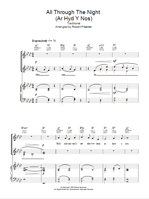 Aled Jones All Through The Night (Ar Hyd Y Nos) sheet music notes and chords arranged for Piano, Vocal & Guitar Chords