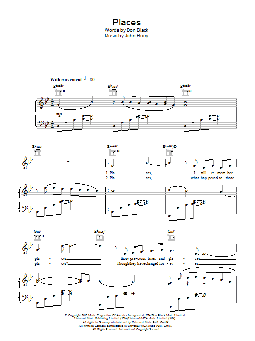 Aled Jones Places (Out Of Africa Theme) sheet music notes and chords arranged for Piano, Vocal & Guitar Chords