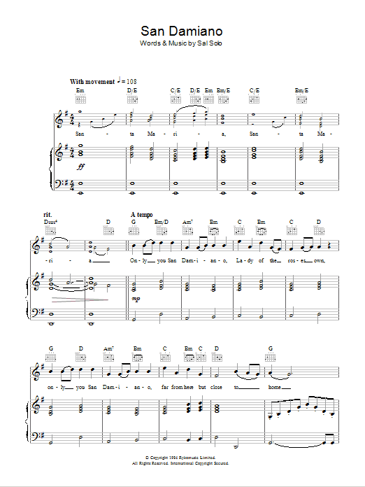 Aled Jones San Damiano sheet music notes and chords arranged for Piano, Vocal & Guitar Chords