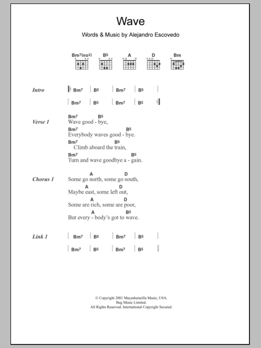 Alejandro Escovedo Wave sheet music notes and chords. Download Printable PDF.