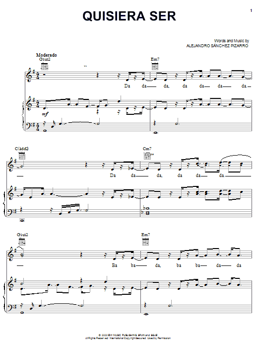 Learn to play Alejandro Sanchez Pizarro Quisiera Ser sheet music for Piano, Vocal & Guitar Chords (Right-Hand Melody) in minutes. Price: 7.8900$ Alejandro Sanchez Pizarro Quisiera Ser sheet music notes and chords arranged for Piano, Vocal & Guitar Chords (Right-Hand Melody)