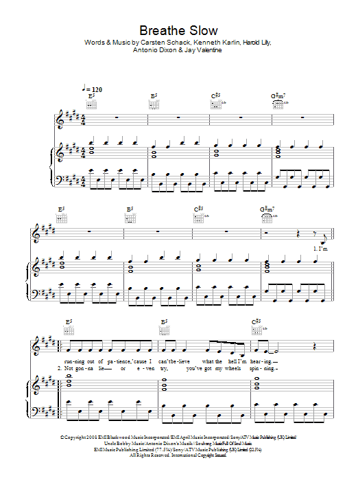 Learn to play Alesha Dixon Breathe Slow sheet music for Piano, Vocal & Guitar Chords in minutes. Price: 7.8900$ Alesha Dixon Breathe Slow sheet music notes and chords arranged for Piano, Vocal & Guitar Chords