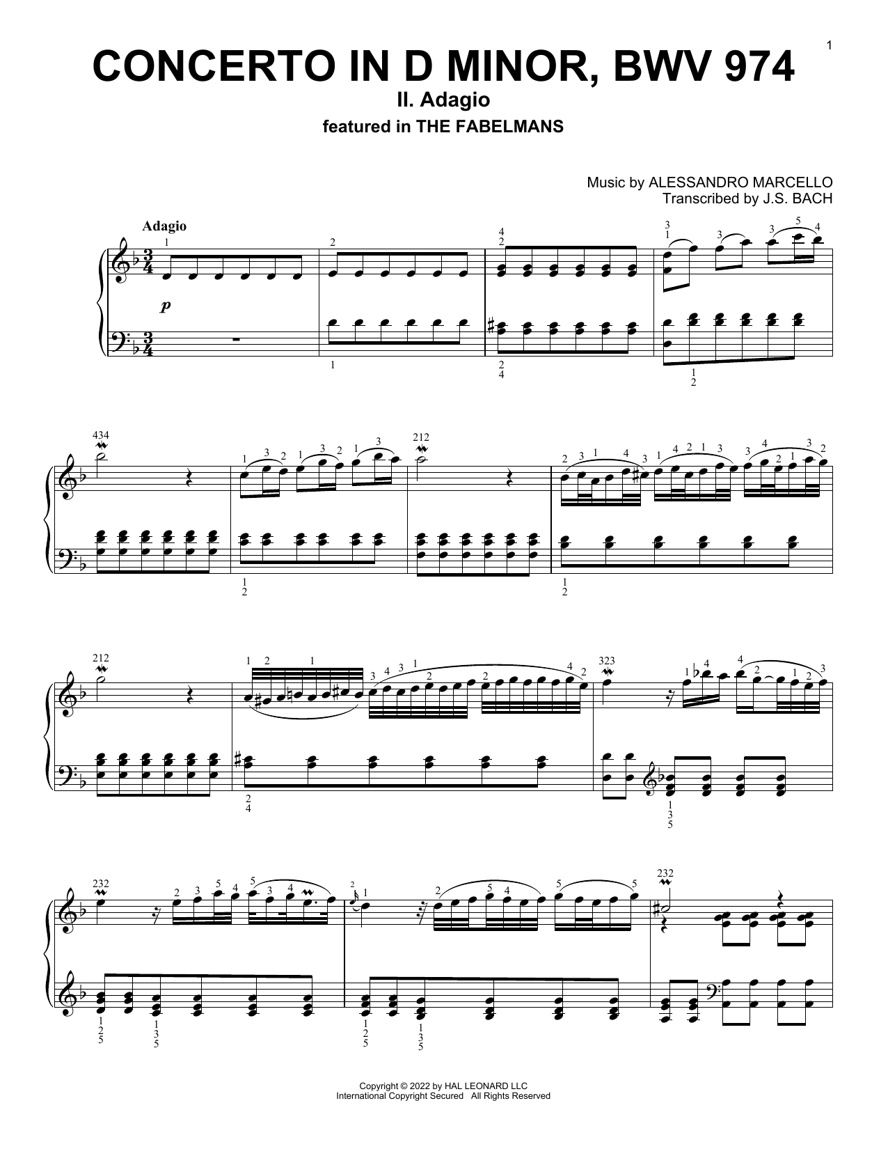 Alessandro Marcello Concerto In D Minor, BWV 974 (II: Adagio) sheet music notes and chords. Download Printable PDF.