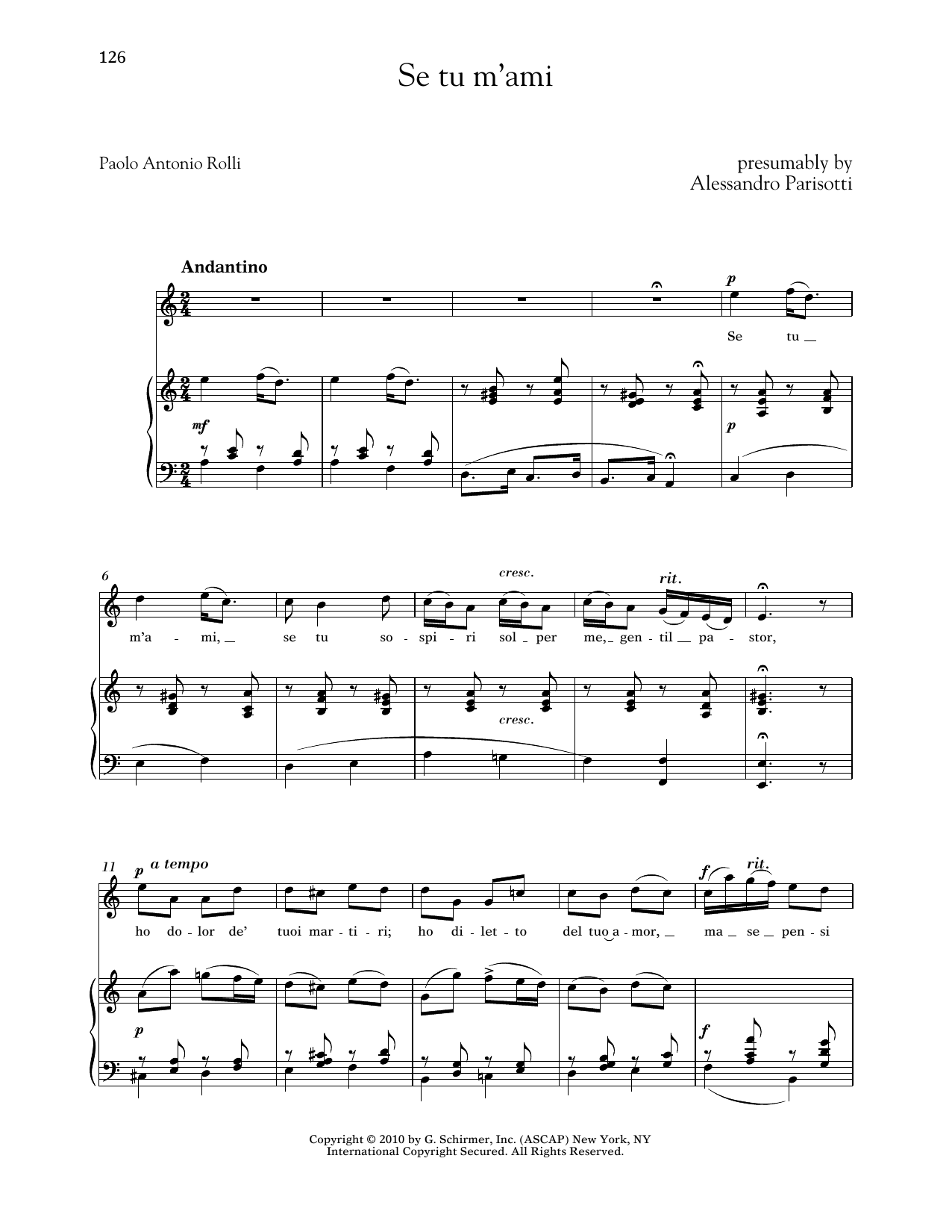 Learn to play Alessandro Parisotti Se Tu M'ami (High Voice) sheet music for Piano & Vocal in minutes. Price: 7.8900$ Alessandro Parisotti Se Tu M'ami (High Voice) sheet music notes and chords arranged for Piano & Vocal