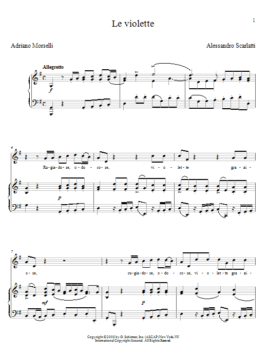 Learn to play Alessandro Scarlatti Le Violette sheet music for Piano & Vocal in minutes. Price: 7.8900$ Alessandro Scarlatti Le Violette sheet music notes and chords arranged for Piano & Vocal