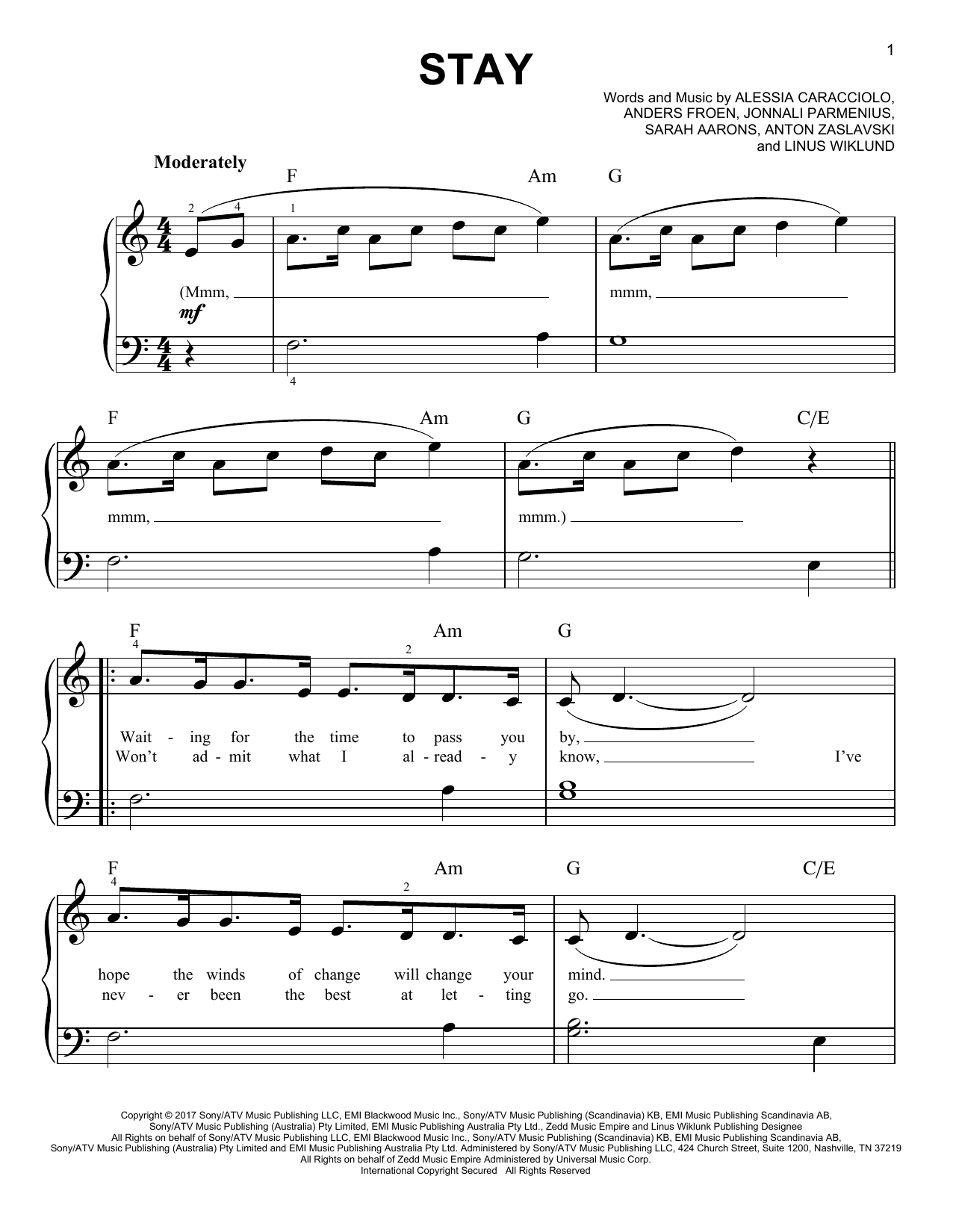 Zedd & Alessia Cara Stay sheet music notes and chords. Download Printable PDF.