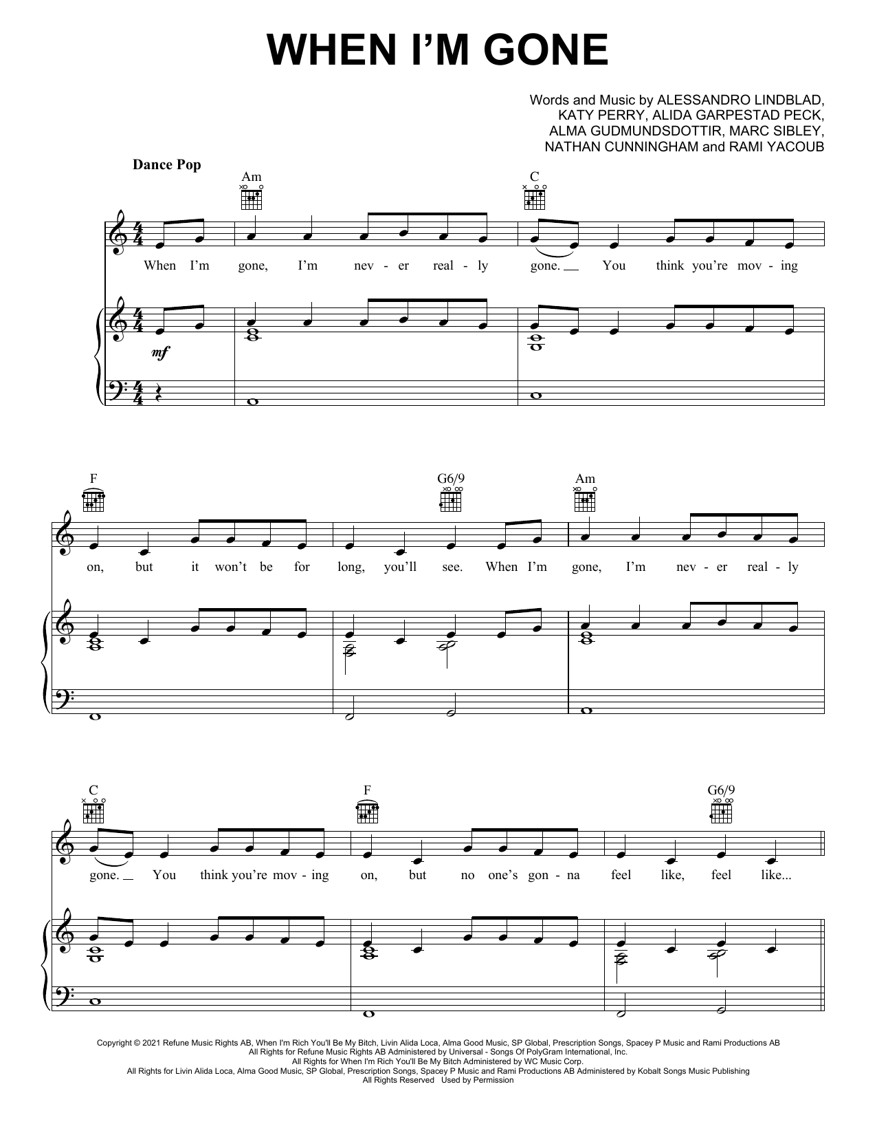 Alesso ft. Katy Perry When I'm Gone sheet music notes and chords. Download Printable PDF.