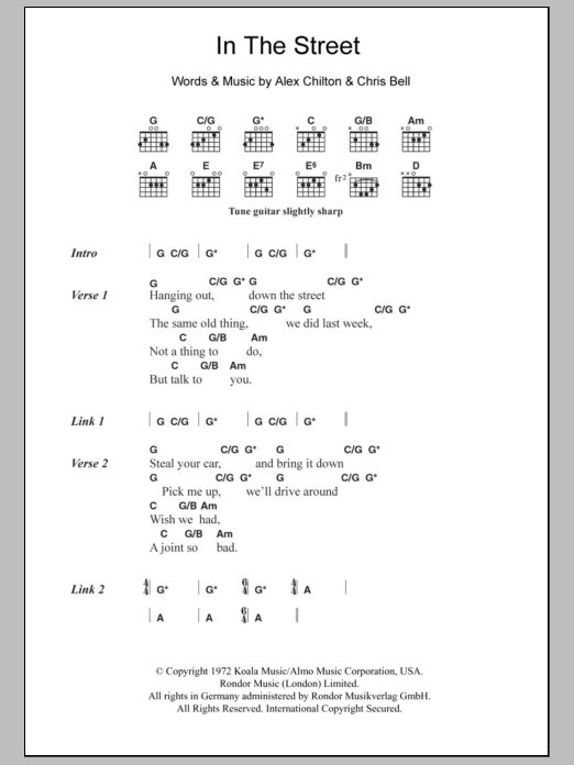 Alex Chilton In The Street sheet music notes and chords arranged for Guitar Chords/Lyrics