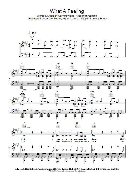 Learn to play Alex Gaudino What A Feeling (feat. Kelly Rowland) sheet music for Piano, Vocal & Guitar Chords in minutes. Price: 7.8900$ Alex Gaudino What A Feeling (feat. Kelly Rowland) sheet music notes and chords arranged for Piano, Vocal & Guitar Chords
