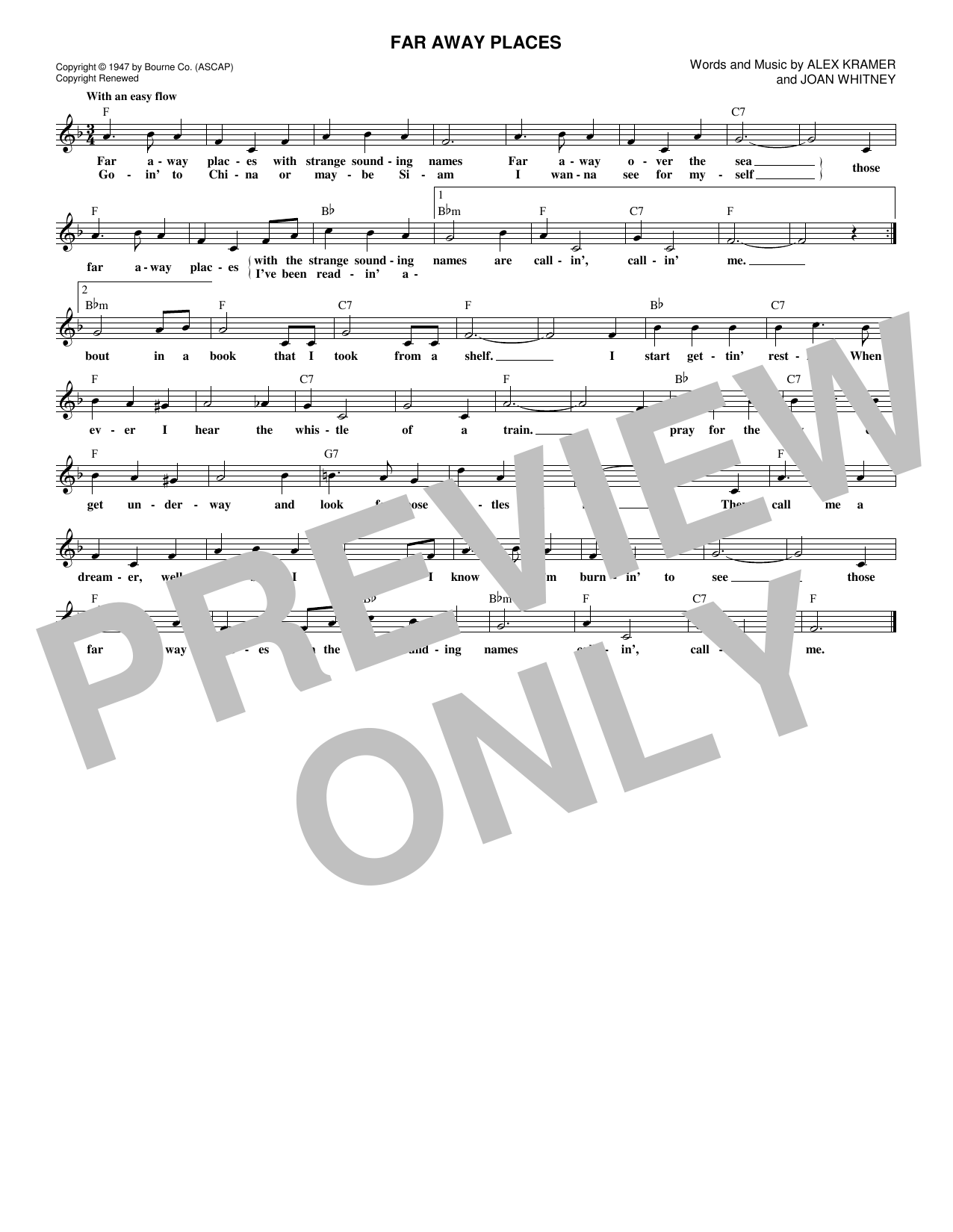 Alex Kramer Far Away Places sheet music notes and chords. Download Printable PDF.