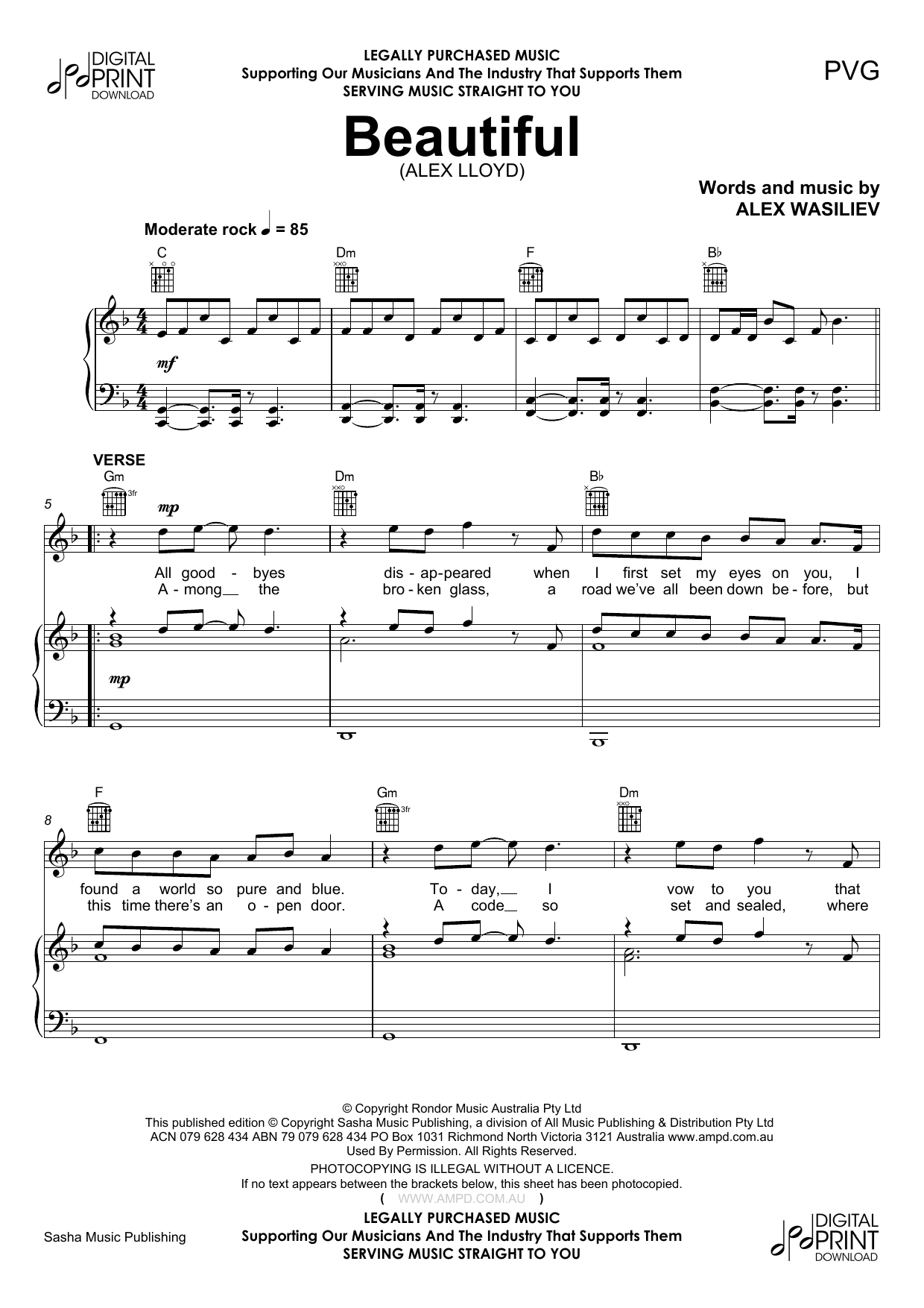 Learn to play Alex Lloyd Beautiful sheet music for Piano, Vocal & Guitar Chords (Right-Hand Melody) in minutes. Price: 7.8900$ Alex Lloyd Beautiful sheet music notes and chords arranged for Piano, Vocal & Guitar Chords (Right-Hand Melody)