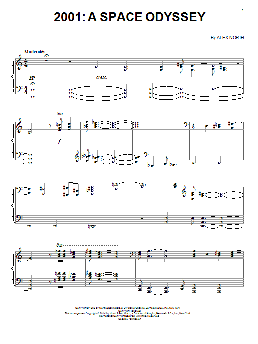 Learn to play Alex North 2001: A Space Odyssey sheet music for Piano Solo in minutes. Price: 7.8900$ Alex North 2001: A Space Odyssey sheet music notes and chords arranged for Piano Solo