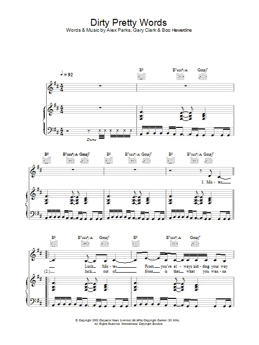 Learn to play Alex Parks Dirty Pretty Words sheet music for Piano, Vocal & Guitar Chords in minutes. Price: 7.8900$ Alex Parks Dirty Pretty Words sheet music notes and chords arranged for Piano, Vocal & Guitar Chords
