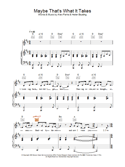 Learn to play Alex Parks Maybe That's What It Takes sheet music for Piano, Vocal & Guitar Chords in minutes. Price: 7.8900$ Alex Parks Maybe That's What It Takes sheet music notes and chords arranged for Piano, Vocal & Guitar Chords