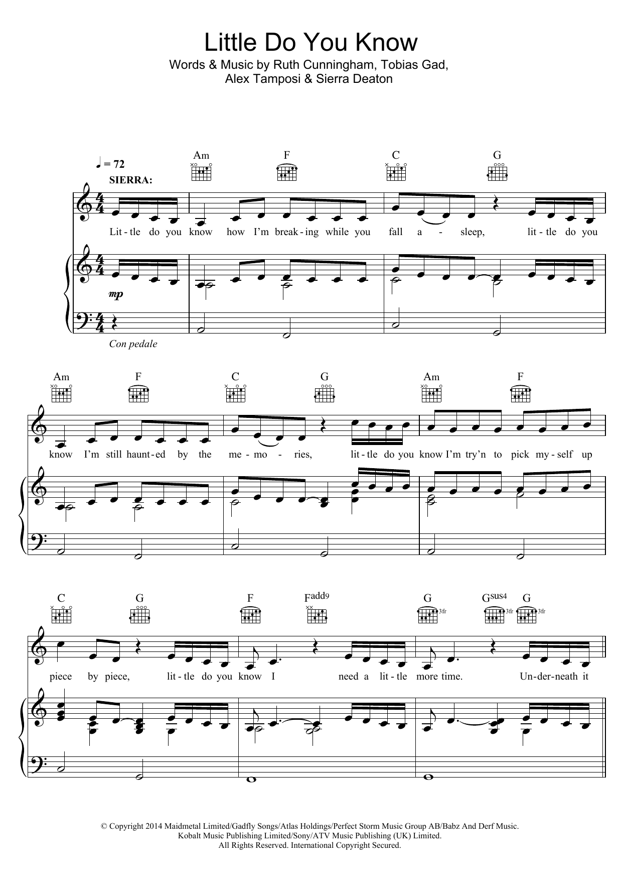 Alex & Sierra Little Do You Know sheet music notes and chords. Download Printable PDF.