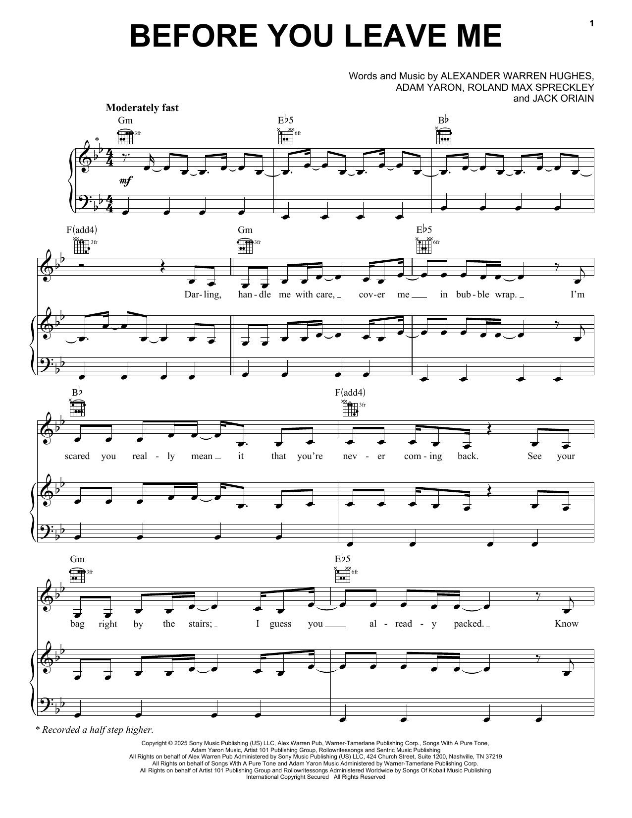 Alex Warren Before You Leave Me sheet music notes and chords arranged for Piano, Vocal & Guitar Chords (Right-Hand Melody)