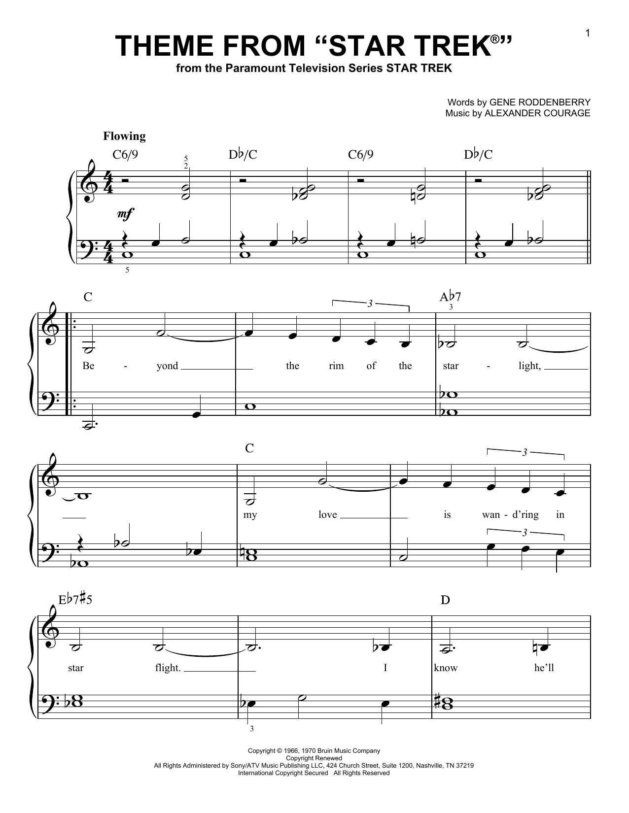 Alexander Courage Theme from Star Trek sheet music notes and chords arranged for Flute Solo