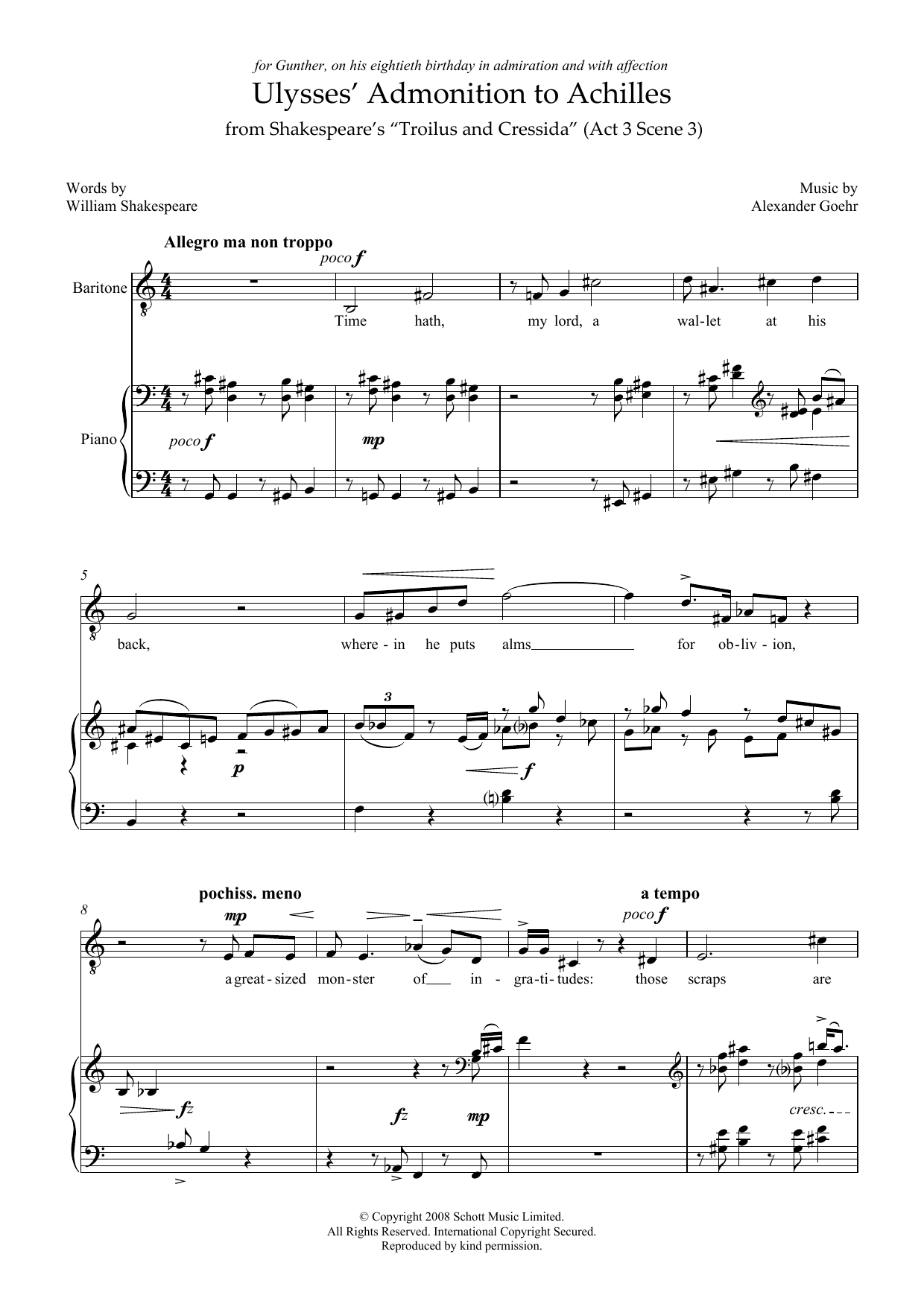Learn to play Alexander Goehr Ulysses' Admonition to Achilles (for baritone & piano) sheet music for Piano & Vocal in minutes. Price: 7.8900$ Alexander Goehr Ulysses' Admonition to Achilles (for baritone & piano) sheet music notes and chords arranged for Piano & Vocal