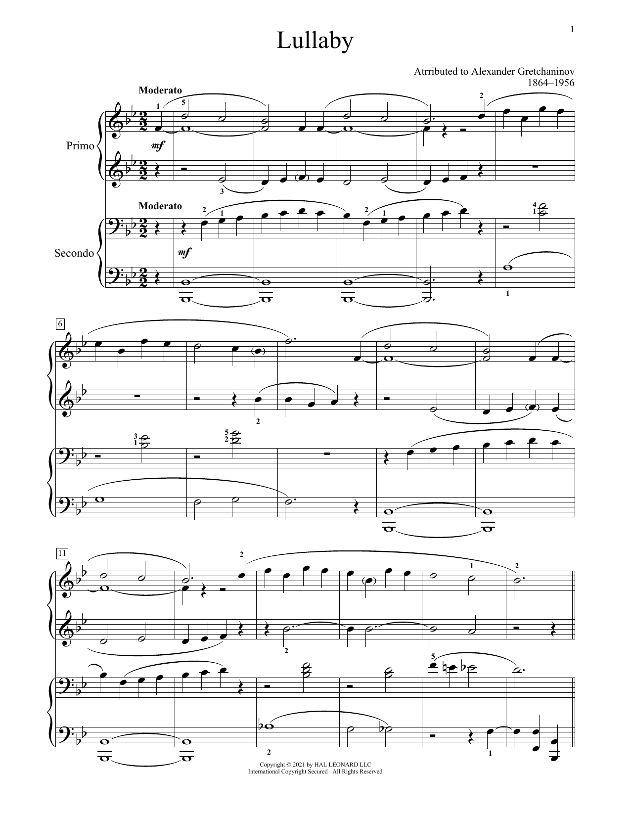 Learn to play Alexander Gretchaninoff Lullaby sheet music for Piano Duet in minutes. Price: 7.8900$ Alexander Gretchaninoff Lullaby sheet music notes and chords arranged for Piano Duet
