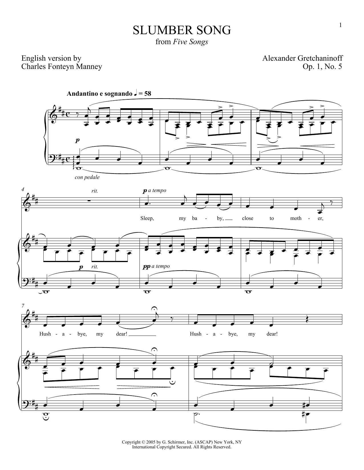 Alexander Gretchaninoff Slumber Song (Berceuse) sheet music notes and chords arranged for Piano & Vocal