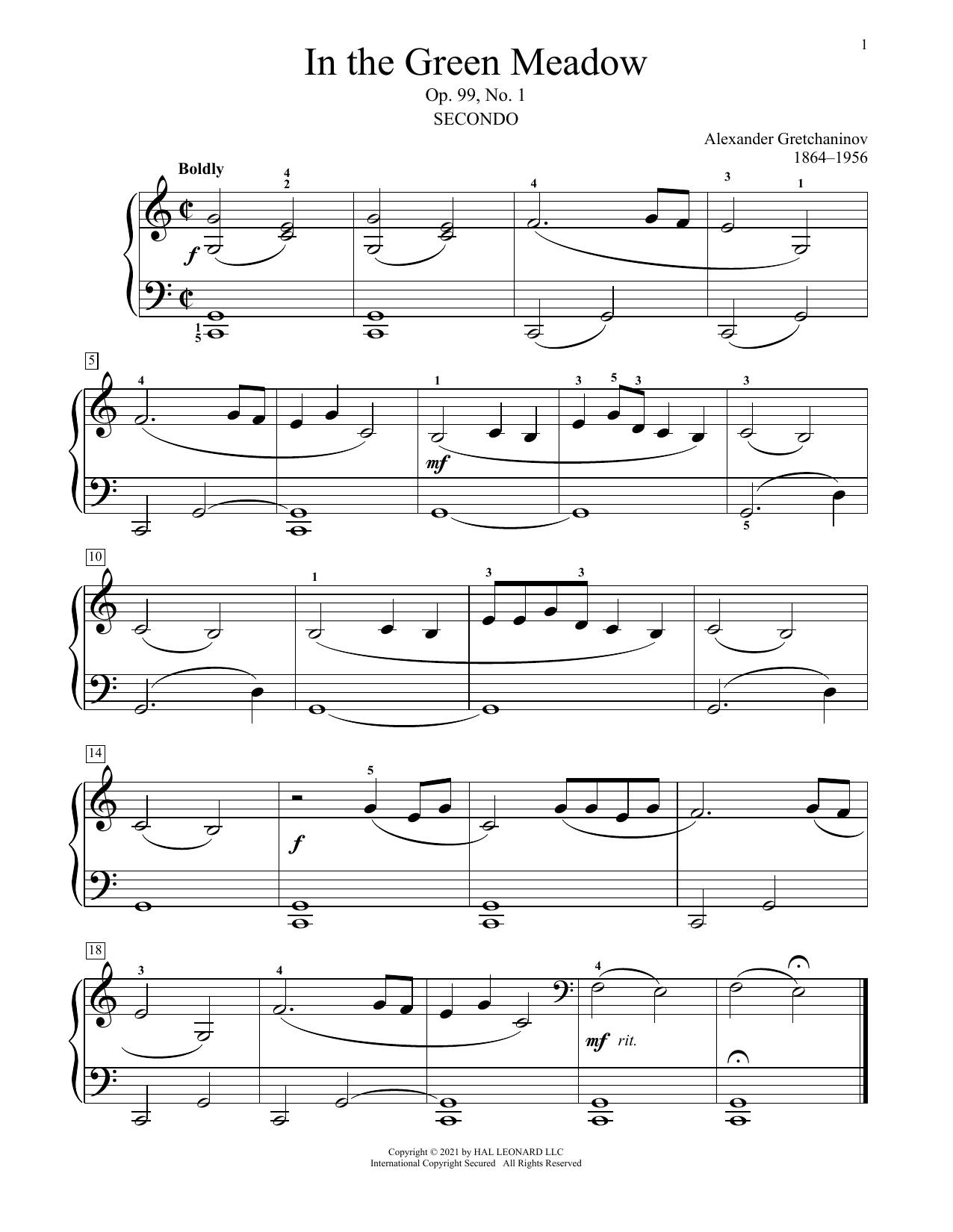 Learn to play Alexander Gretchaninov In The Green Meadow, Op. 99, No. 1 sheet music for Piano Duet in minutes. Price: 7.8900$ Alexander Gretchaninov In The Green Meadow, Op. 99, No. 1 sheet music notes and chords arranged for Piano Duet