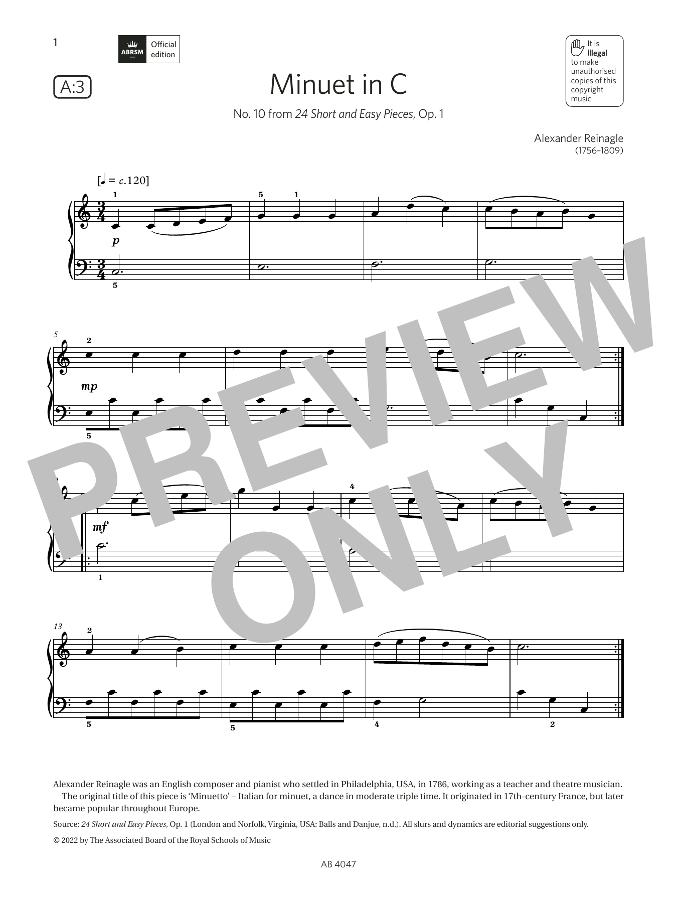 Alexander Reinagle Minuet in C (Grade 1, list A3, from the ABRSM Piano Syllabus 2023 & 2024) sheet music notes and chords. Download Printable PDF.