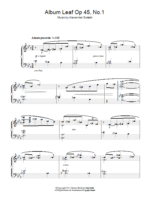 Learn to play Alexander Scriabin Album Leaf sheet music for Piano Solo in minutes. Price: 7.8900$ Alexander Scriabin Album Leaf sheet music notes and chords arranged for Piano Solo