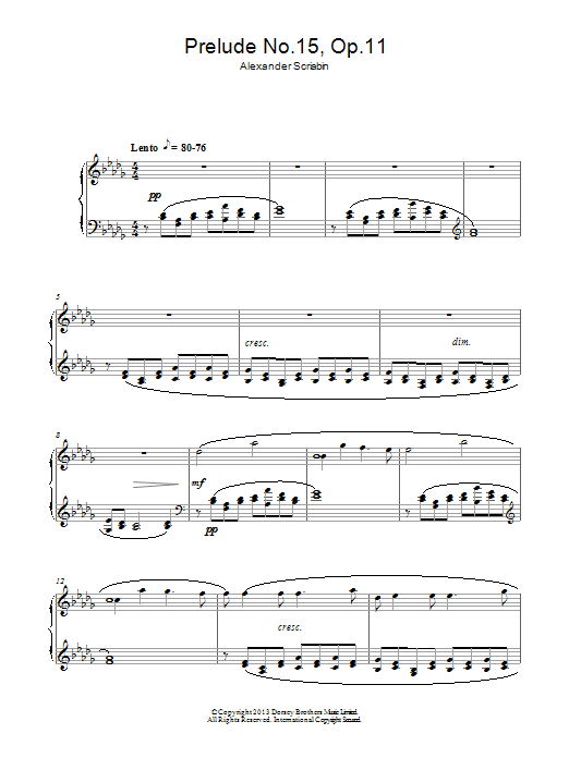 Learn to play Alexander Scriabin Prelude In D Flat Major No. 15, Op.11 sheet music for Piano Solo in minutes. Price: 7.8900$ Alexander Scriabin Prelude In D Flat Major No. 15, Op.11 sheet music notes and chords arranged for Piano Solo