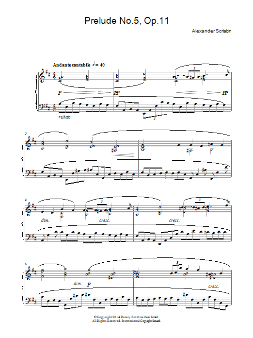 Learn to play Alexander Scriabin Prelude No. 5, Op. 11 sheet music for Piano Solo in minutes. Price: 7.8900$ Alexander Scriabin Prelude No. 5, Op. 11 sheet music notes and chords arranged for Piano Solo