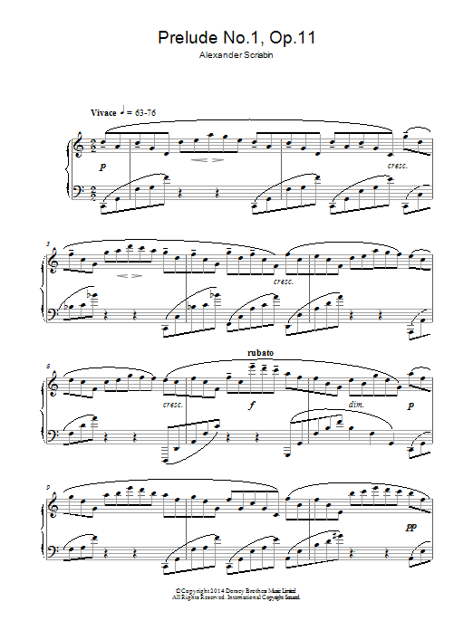 Learn to play Alexander Scriabin Prelude No.1, Op.11 sheet music for Piano Solo in minutes. Price: 7.8900$ Alexander Scriabin Prelude No.1, Op.11 sheet music notes and chords arranged for Piano Solo