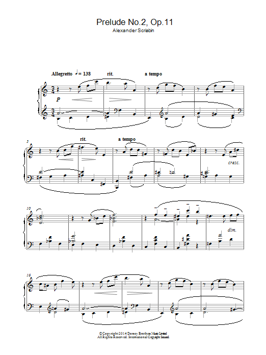 Learn to play Alexander Scriabin Prelude No.2, Op.11 sheet music for Piano Solo in minutes. Price: 7.8900$ Alexander Scriabin Prelude No.2, Op.11 sheet music notes and chords arranged for Piano Solo