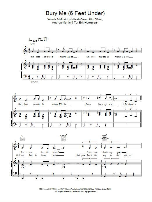 Alexandra Burke Bury Me (6 Feet Under) sheet music notes and chords arranged for Piano, Vocal & Guitar Chords