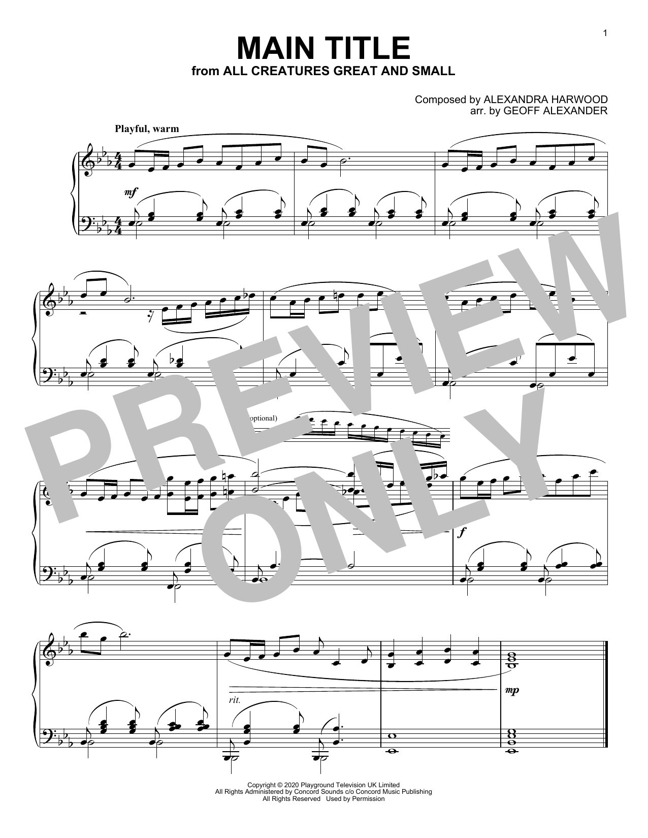 Alexandra Harwood All Creatures Great And Small (Main Title) sheet music notes and chords. Download Printable PDF.