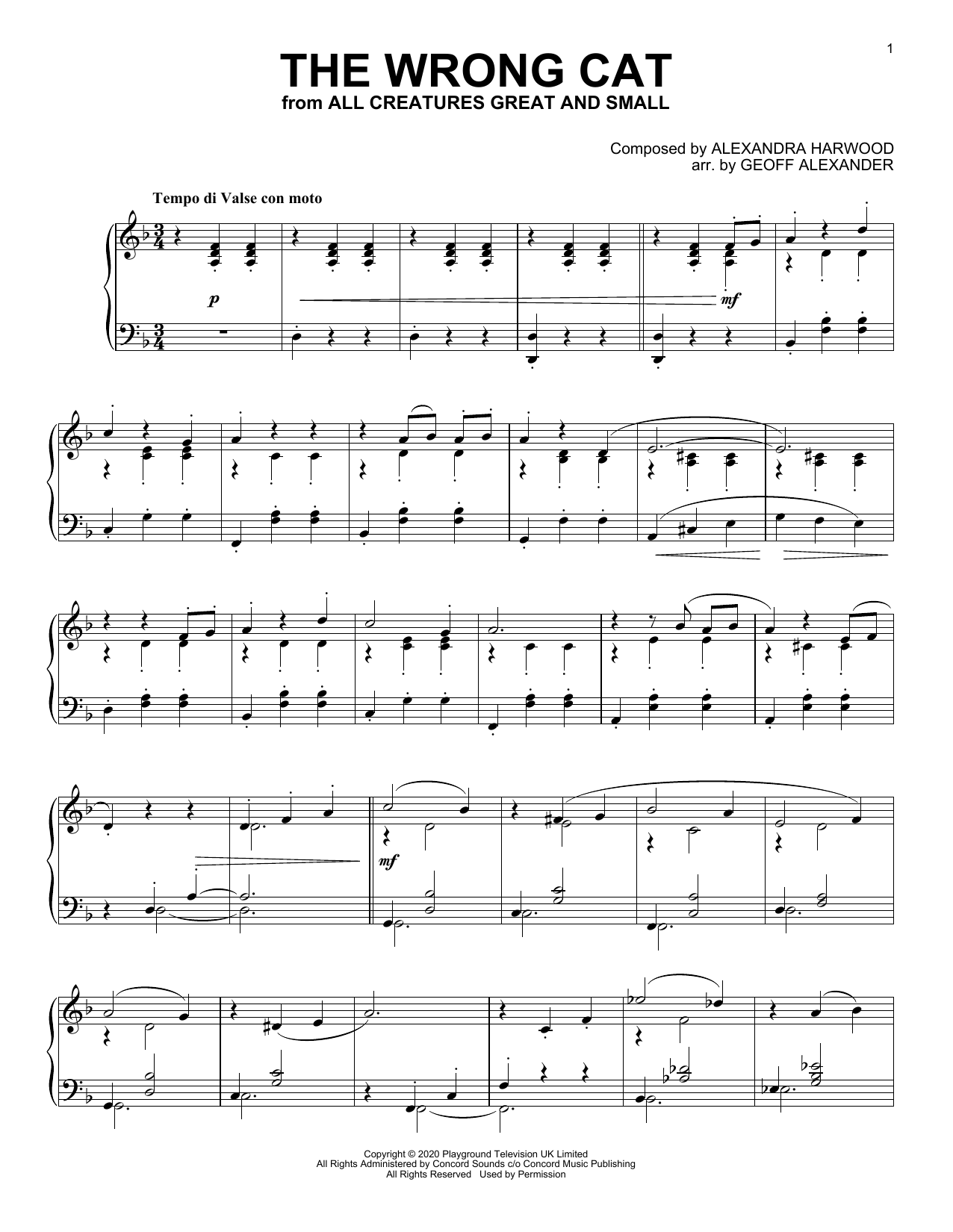 Alexandra Harwood The Wrong Cat (from All Creatures Great And Small) sheet music notes and chords. Download Printable PDF.