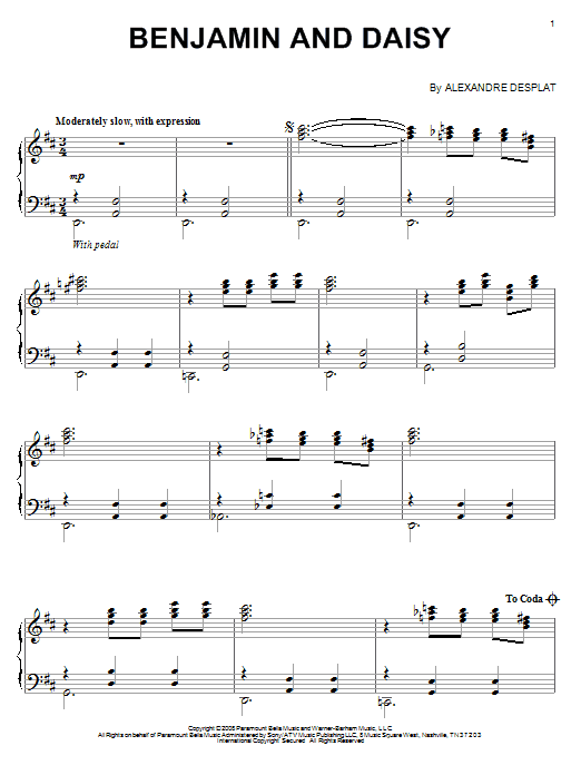 Learn to play Alexandre Desplat Benjamin And Daisy sheet music for Piano Solo in minutes. Price: 7.8900$ Alexandre Desplat Benjamin And Daisy sheet music notes and chords arranged for Piano Solo