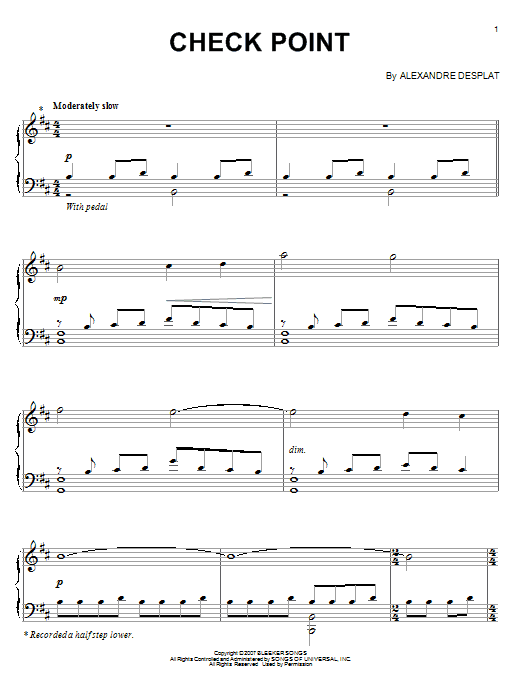 Learn to play Alexandre Desplat Check Point sheet music for Piano Solo in minutes. Price: 7.8900$ Alexandre Desplat Check Point sheet music notes and chords arranged for Piano Solo