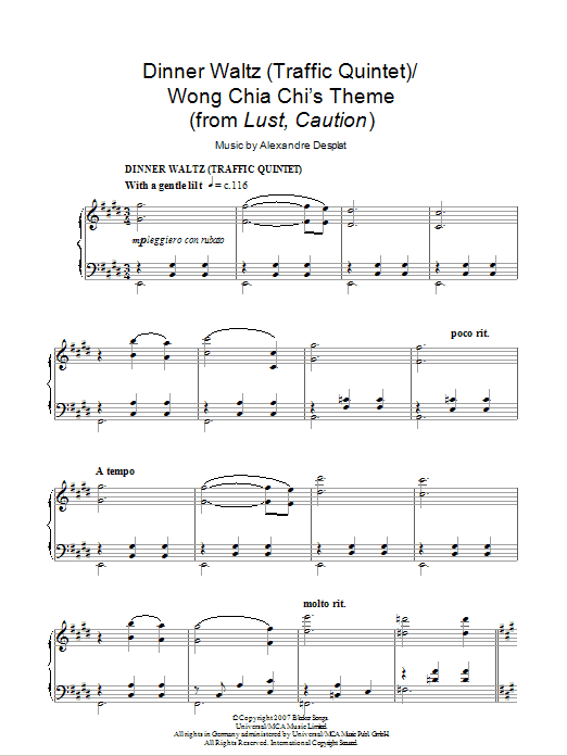 Alexandre Desplat Dinner Waltz (Traffic Quintet)/Wong Chia Chi's Theme (from Lust, Caution) sheet music notes and chords arranged for Piano Solo