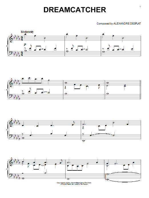 Learn to play Alexandre Desplat Dreamcatcher sheet music for Piano Solo in minutes. Price: 7.8900$ Alexandre Desplat Dreamcatcher sheet music notes and chords arranged for Piano Solo